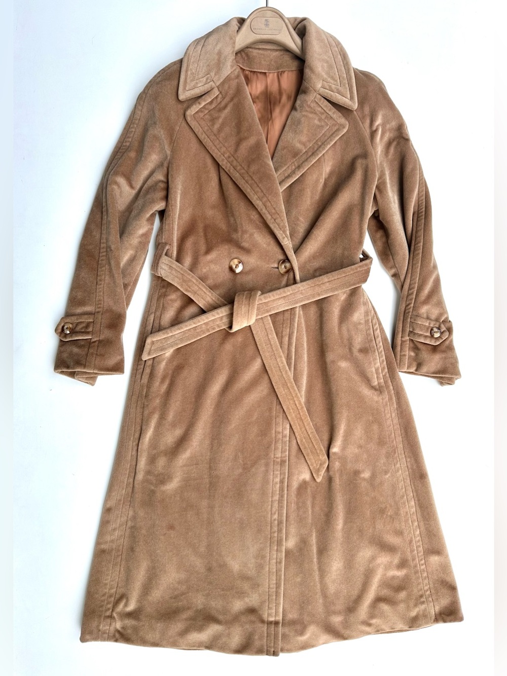 Vintage Juli de Roma Faux Cahmere Classic Women's Tan Trench Belted Long Coat, S